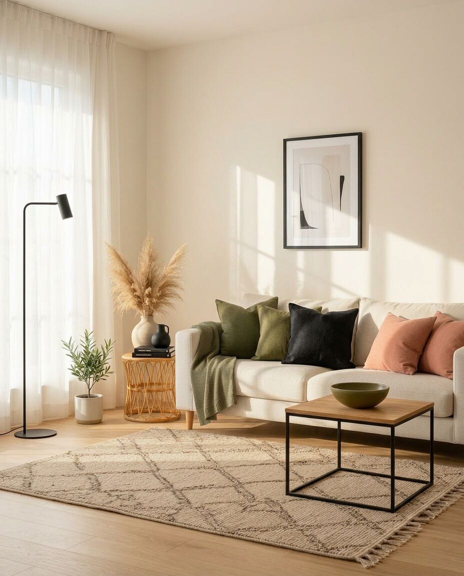 Lyst Skandinavisk hjem med varme jordfarver, linned sofa og tørrede pampas