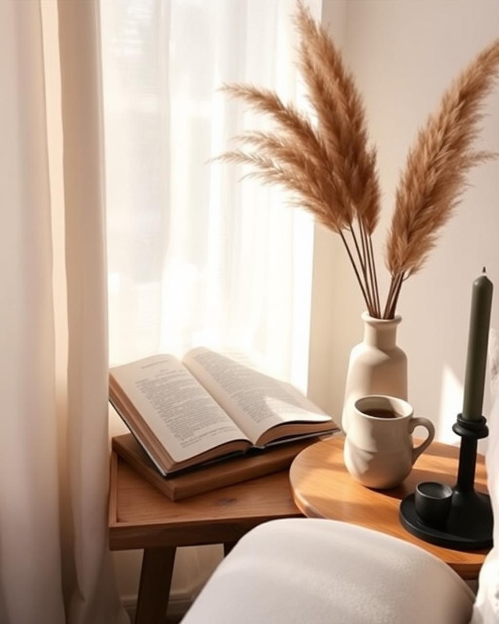 Stille hjemmestemning med bog, kaffe og naturlige detaljer