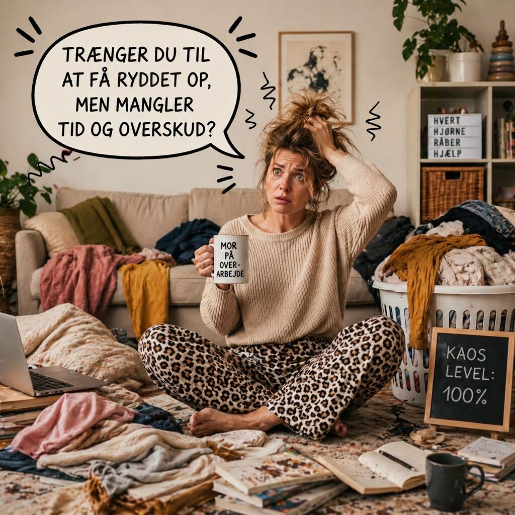 Mor på overarbejde i en stue med rod — trænger du til at få ryddet op?